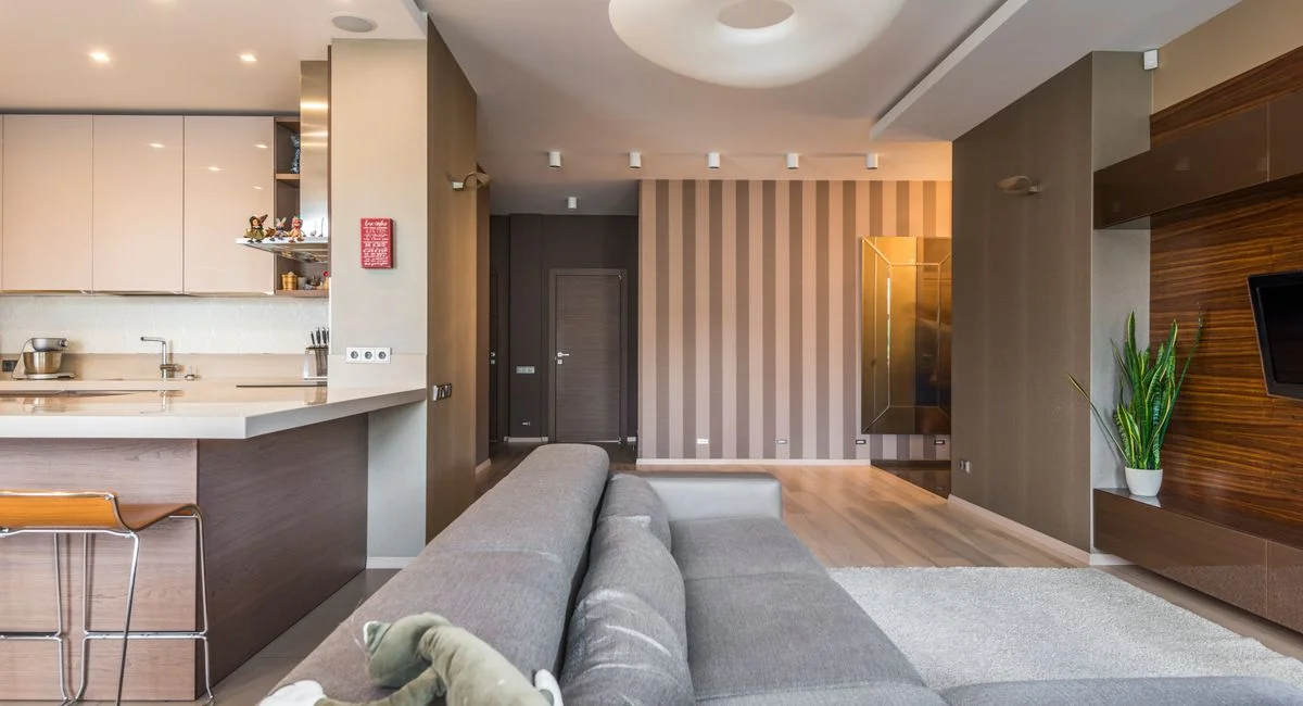 Spacious living room with a modern, minimalist design and open kitchen layout.