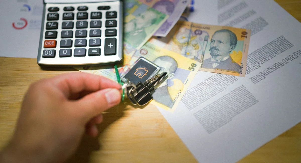 A hand holds keys next to Romanian currency, a calculator, and documents, symbolizing real estate transactions.