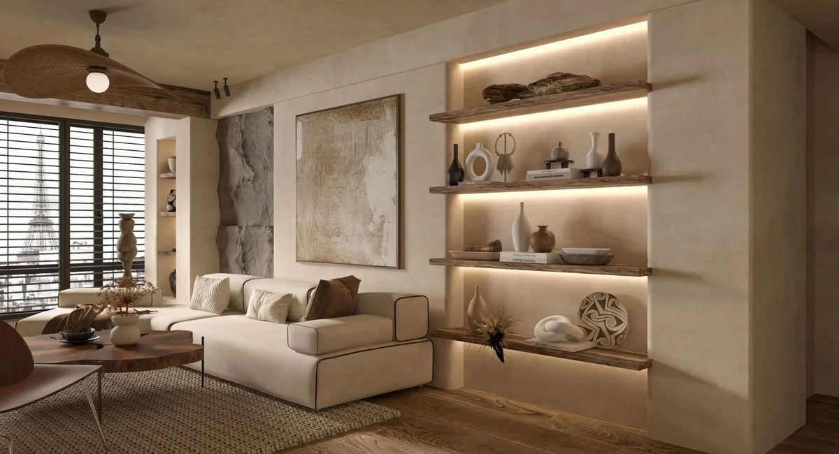 Elegant minimalist living room with a luxurious interior design overlooking the Eiffel Tower, featuring modern decor and warm